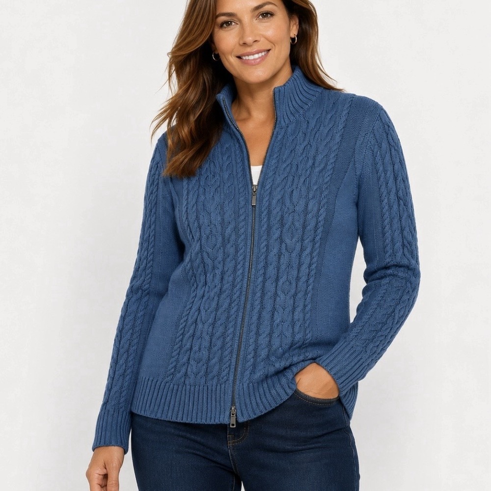 LL Bean Teal Double L Mixed Cable Full Zip Mock Neck Cotton Sweater Size SMALL